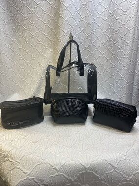 Clear Travel Tote nested set with 3 Black Cosmetic Pouches toiletry case stadium
